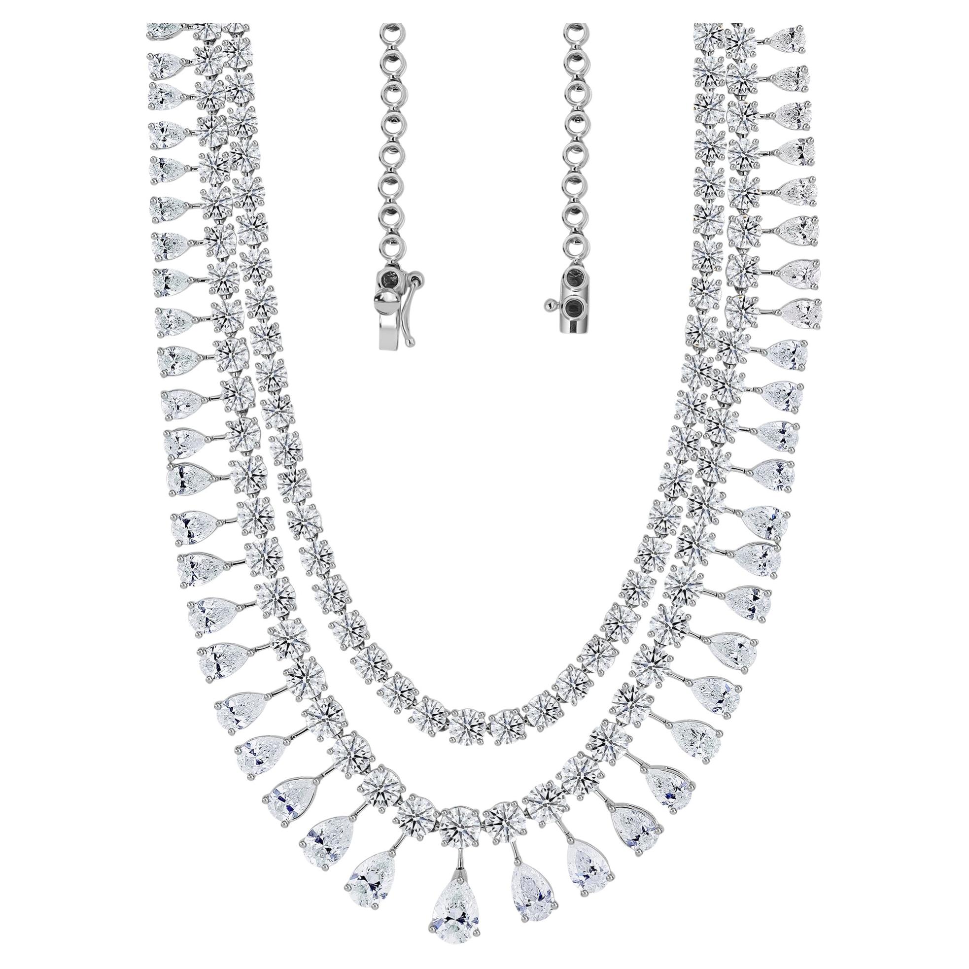 31.71 Carats Pear & Round Diamond Fringe Tennis Necklace 18K White Gold For Sale