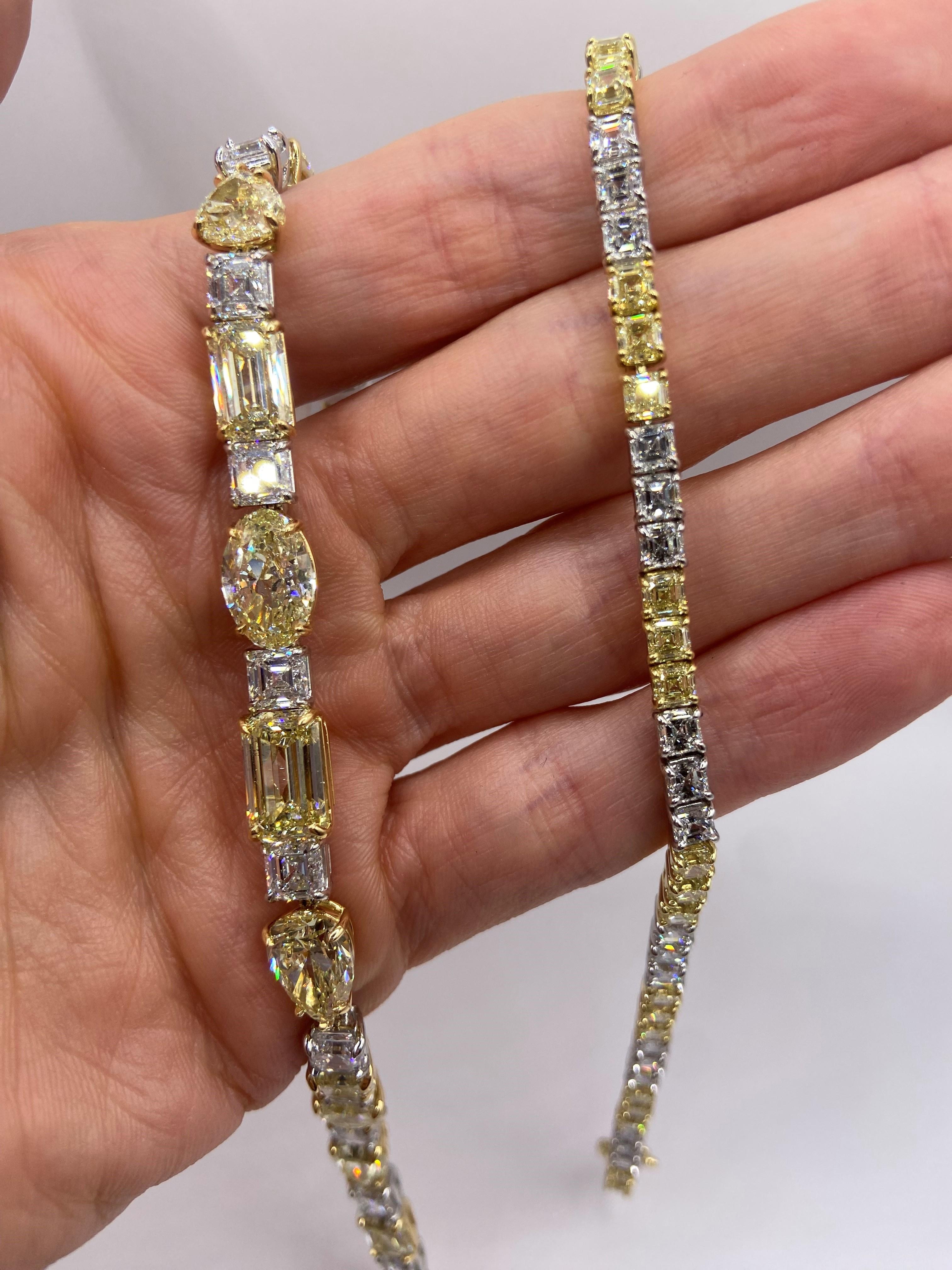 Modern 31.71ct Fancy Yellow & White Mixed Shape Diamond Bracelet For Sale