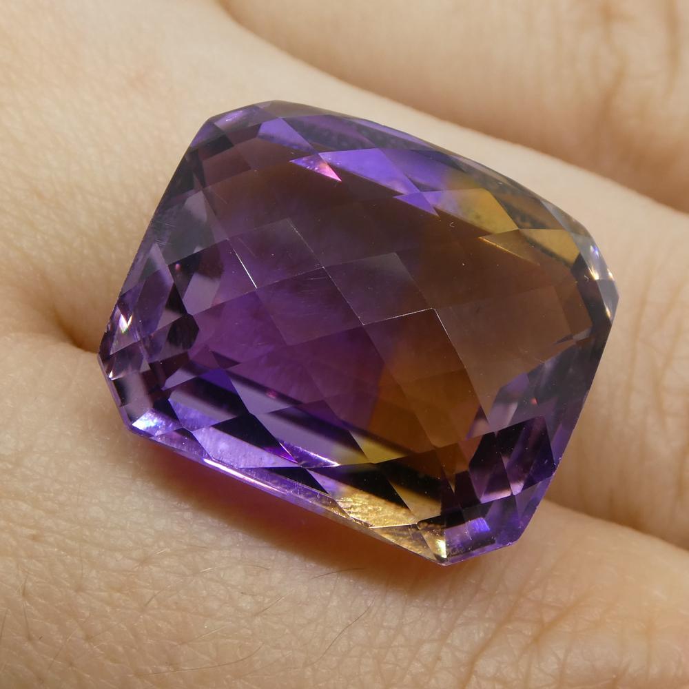 Description:

One Loose Ametrine

Weight: 31.72 cts
Measurements: 19.54x16.86x12.24 mm
Shape: Cushion Checkerboard
Cutting Style: Cushion
Cutting Style Crown: Checkerboard
Cutting Style Pavilion: Step Cut
Transparency: Transparent
Clarity: Very