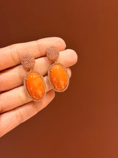 31.73 Carat Natural Coral and Sapphire Dangle Earrings in 18K Rose Gold