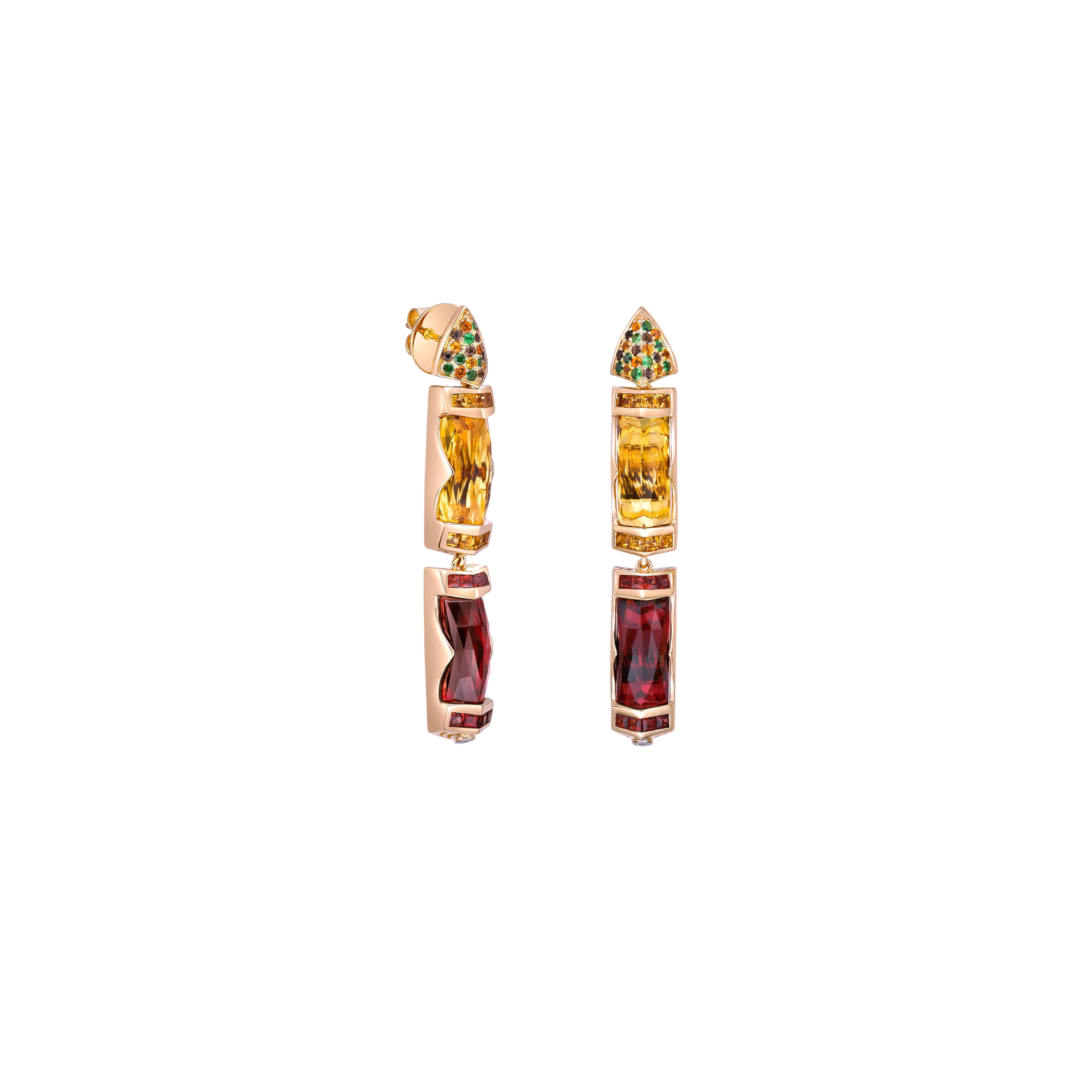 Presented A lovely Drop Earrings of Garnet and Honey Quartz is perfect for people who want to wear it to any occasion or celebration. garnet, citrine, smoky quartz and tsavorite embellishments on Top add to the earrings artistic and beautiful