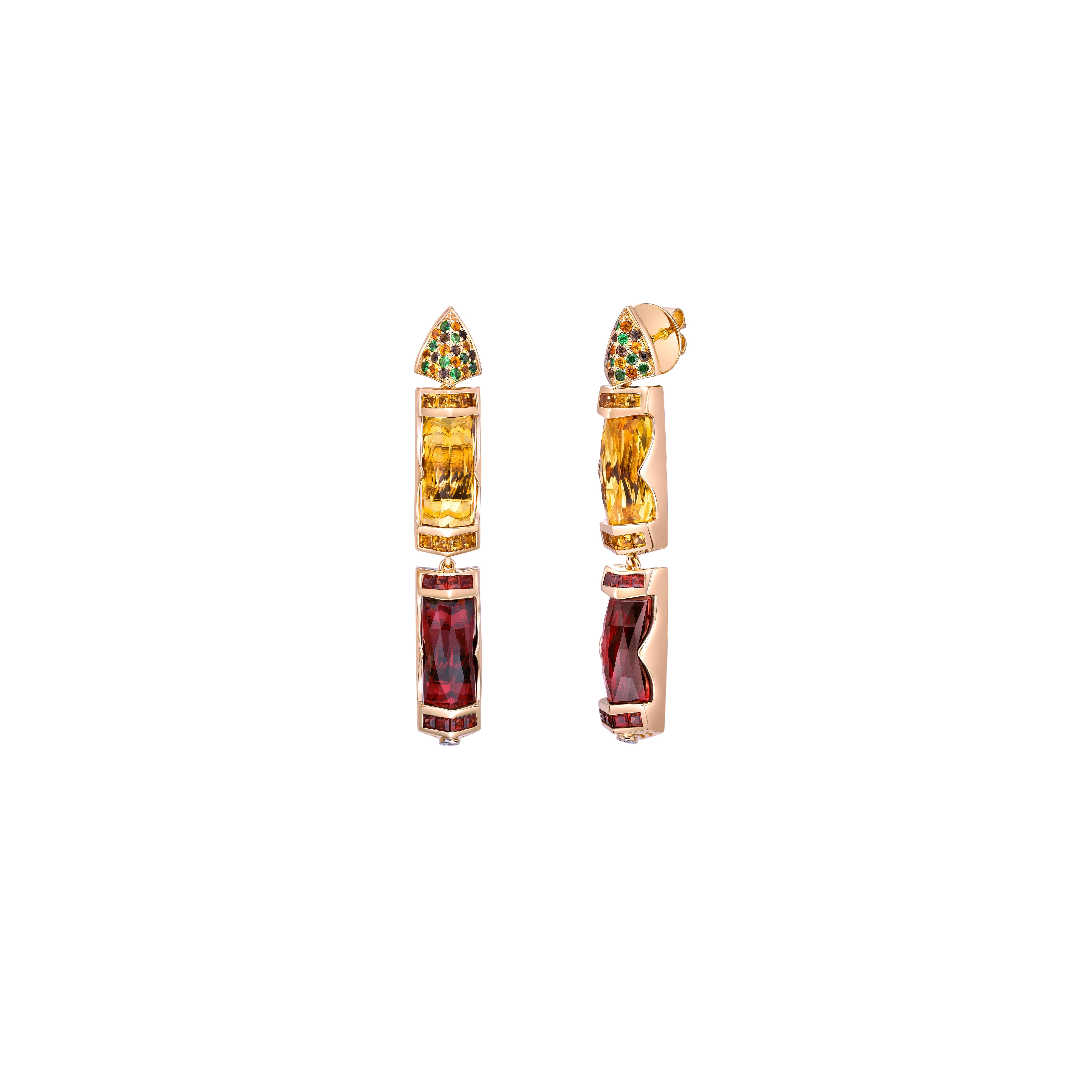 Baguette Cut 31.79 Carat Garnet, Honey Quartz Drop Earring in 18KYG with Multi Stone. For Sale