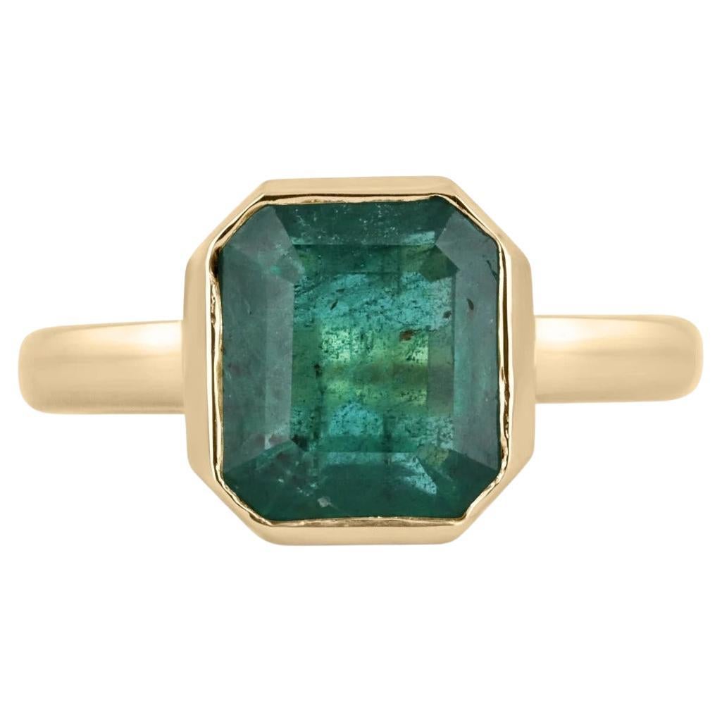 3.17cts 14K Natural Emerald-Asscher Cut Bezel Set Solitaire Gold Engagement Ring For Sale