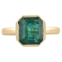 3.17cts 14K Natural Emerald-Asscher Cut Bezel Set Solitaire Gold Engagement Ring