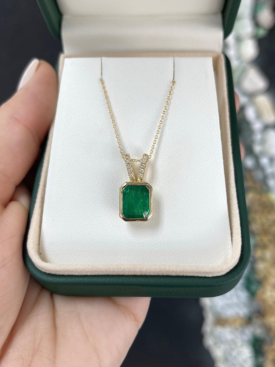 Modern 3.17tcw 14K Dark Green Bezel Emerald Cut Emerald & Pave Diamond Accent Pendant For Sale