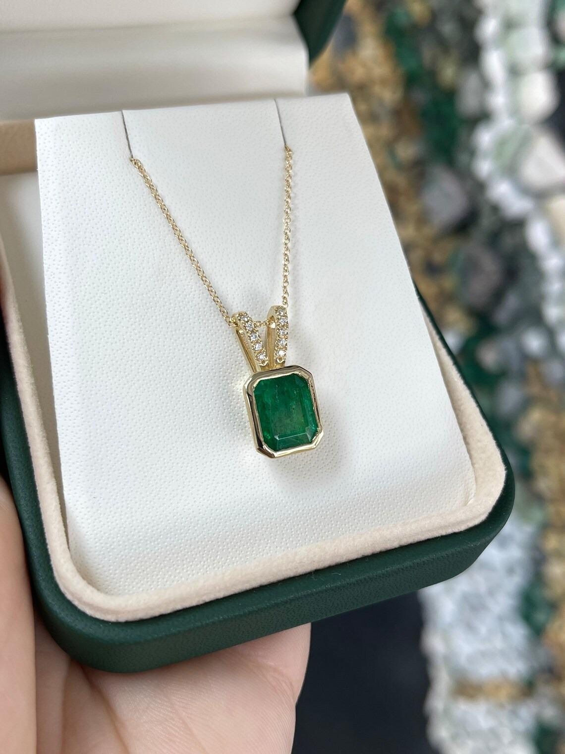 3.17tcw 14K Dark Green Bezel Emerald Cut Emerald & Pave Diamond Accent Pendant In New Condition For Sale In Jupiter, FL