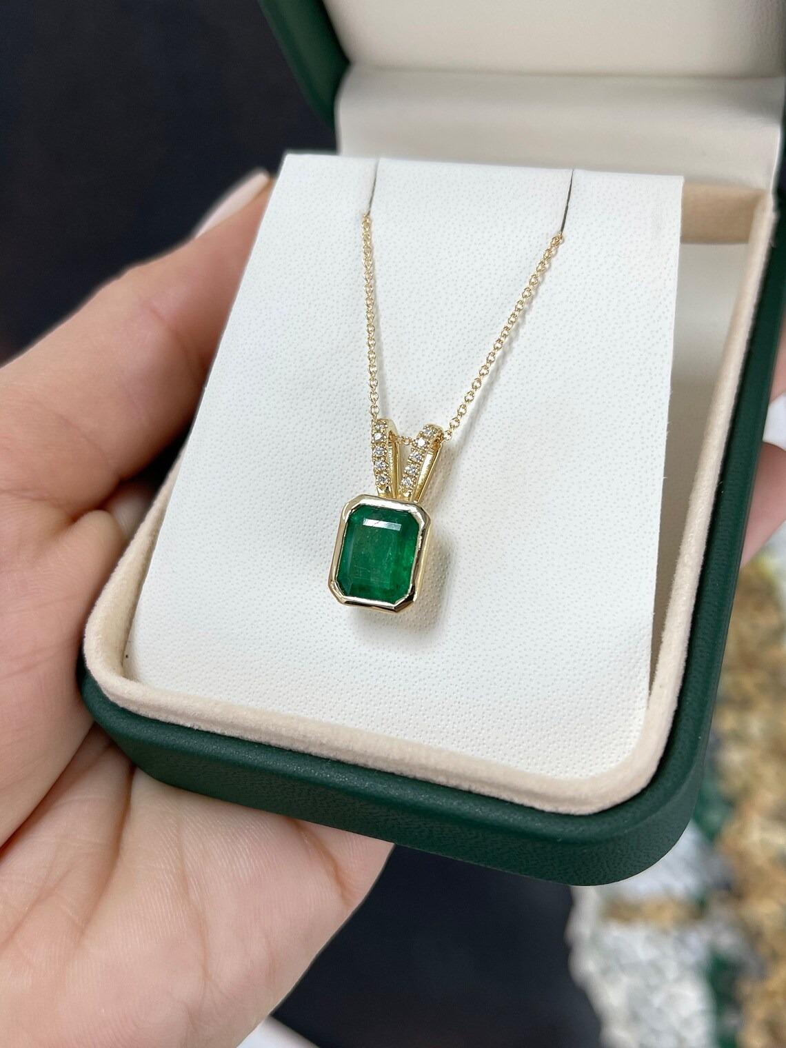 Women's or Men's 3.17tcw 14K Dark Green Bezel Emerald Cut Emerald & Pave Diamond Accent Pendant For Sale