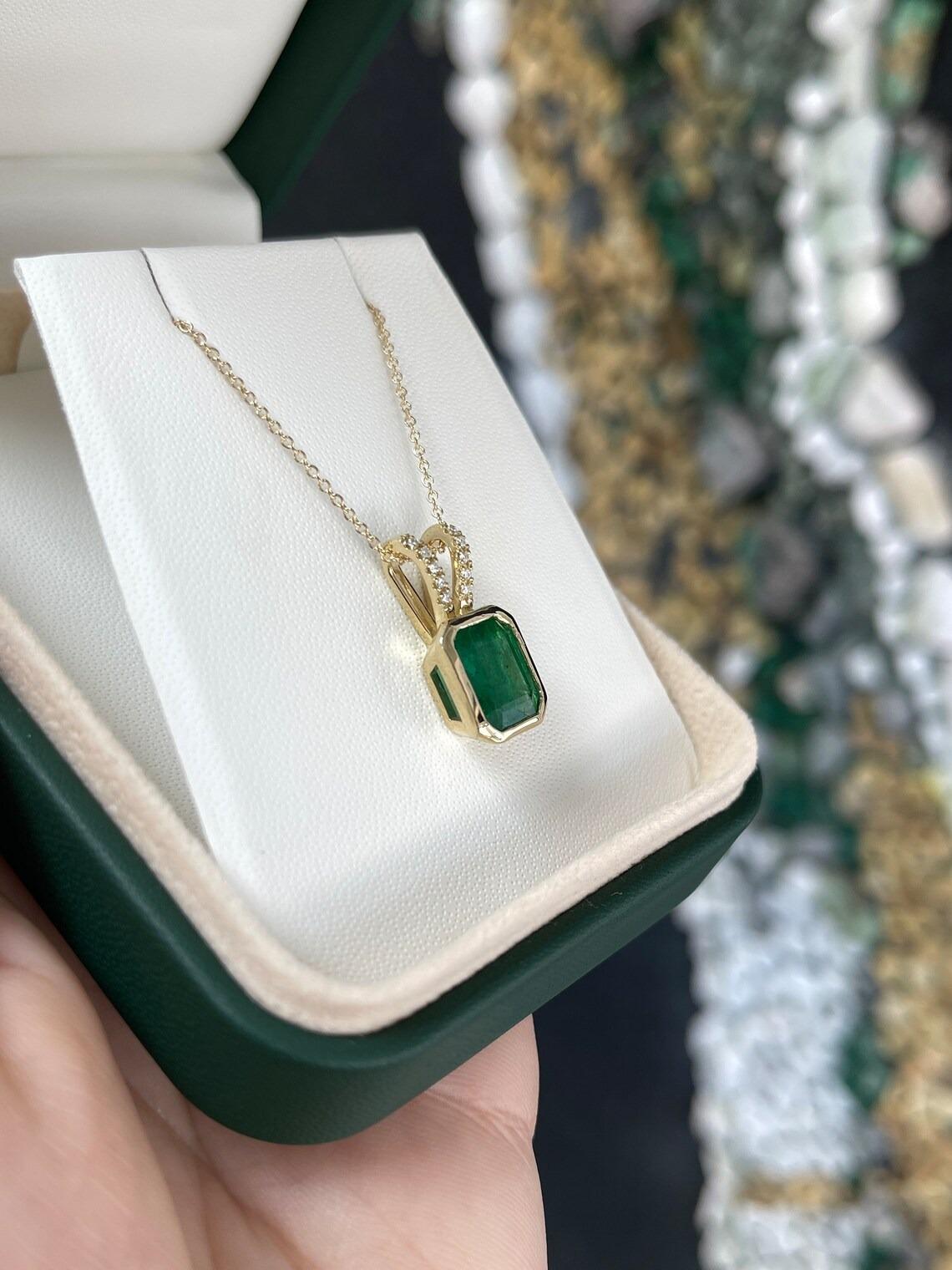 3.17tcw 14K Dark Green Bezel Emerald Cut Emerald & Pave Diamond Accent Pendant For Sale 1