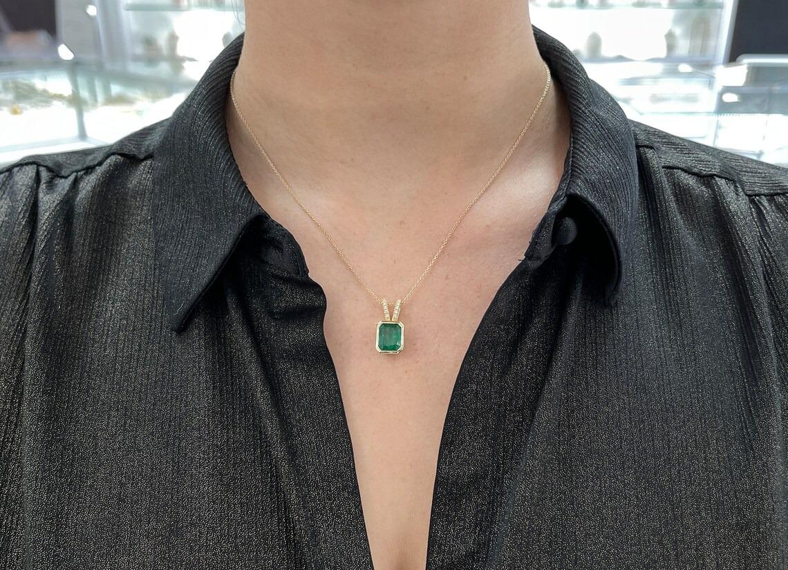 3.17tcw 14K Dark Green Bezel Emerald Cut Emerald & Pave Diamond Accent Pendant For Sale 2