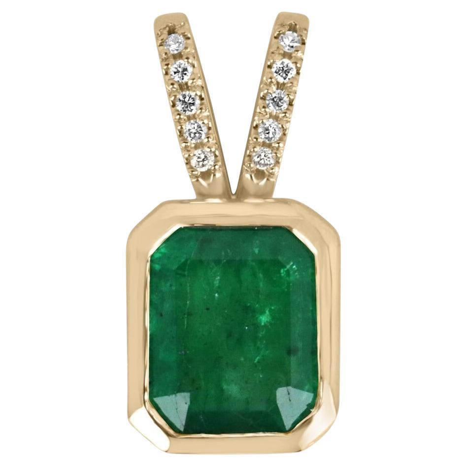 3.17tcw 14K Dark Green Bezel Emerald Cut Emerald & Pave Diamond Accent Pendant