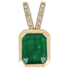 3.17tcw 14K Dark Green Bezel Emerald Cut Emerald & Pave Diamond Accent Pendentif
