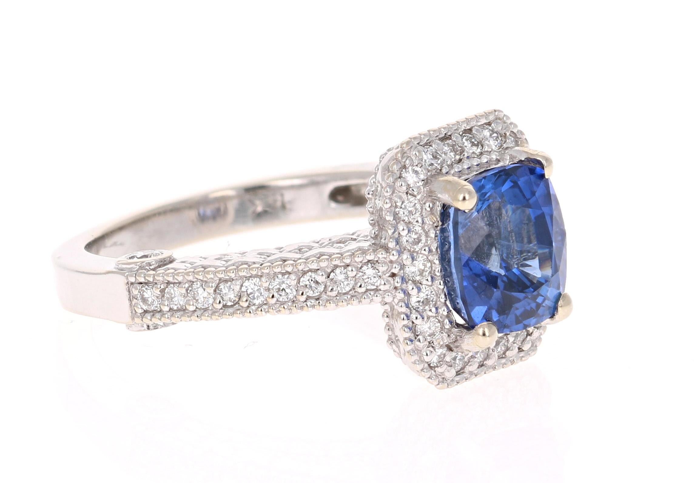 Modern 3.18 Carat Blue Sapphire Diamond Engagement Ring 14 Karat White Gold