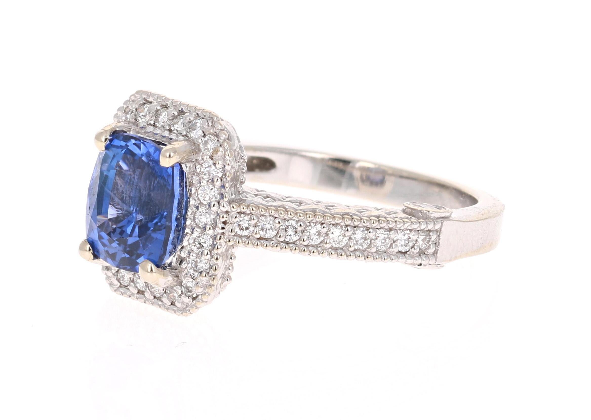 Cushion Cut 3.18 Carat Blue Sapphire Diamond Engagement Ring 14 Karat White Gold