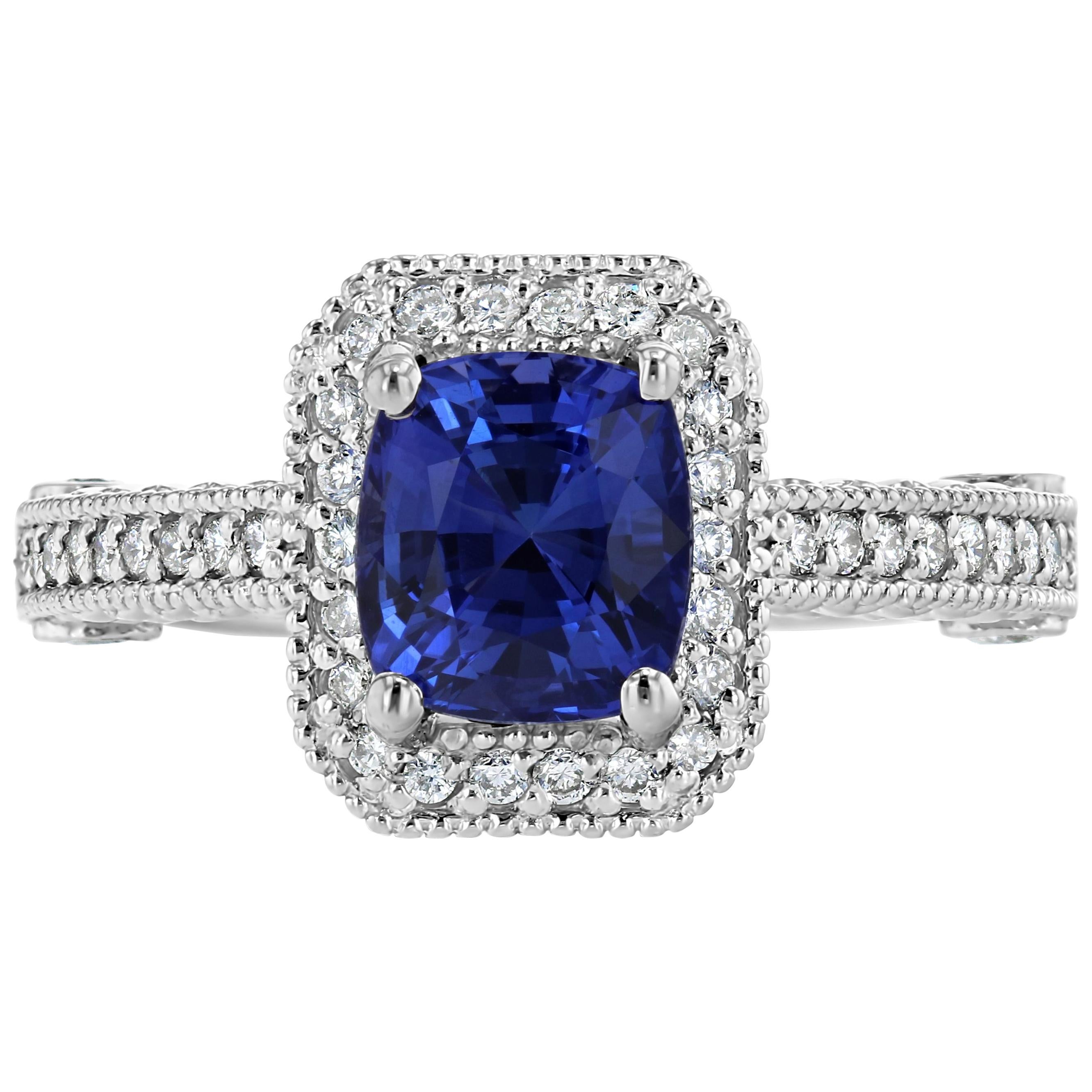 3.18 Carat Blue Sapphire Diamond Engagement Ring 14 Karat White Gold
