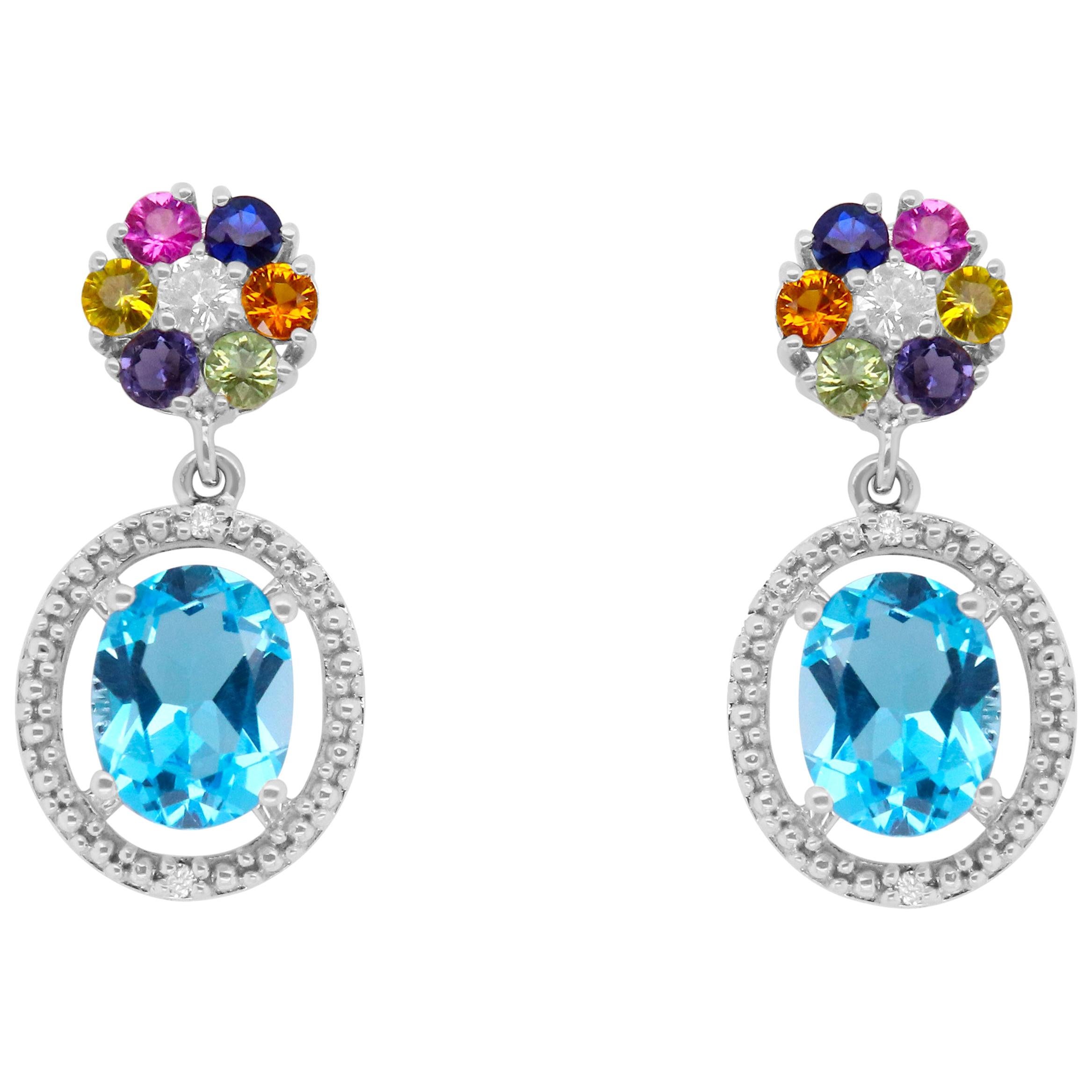 3.18 Ct Blue Topaz, Multi-Color Sapphire, White Diamond Stud Earrings 14K Gold