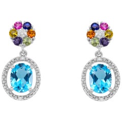 3.18 Ct Blue Topaz, Multi-Color Sapphire, White Diamond Stud Earrings 14K Gold