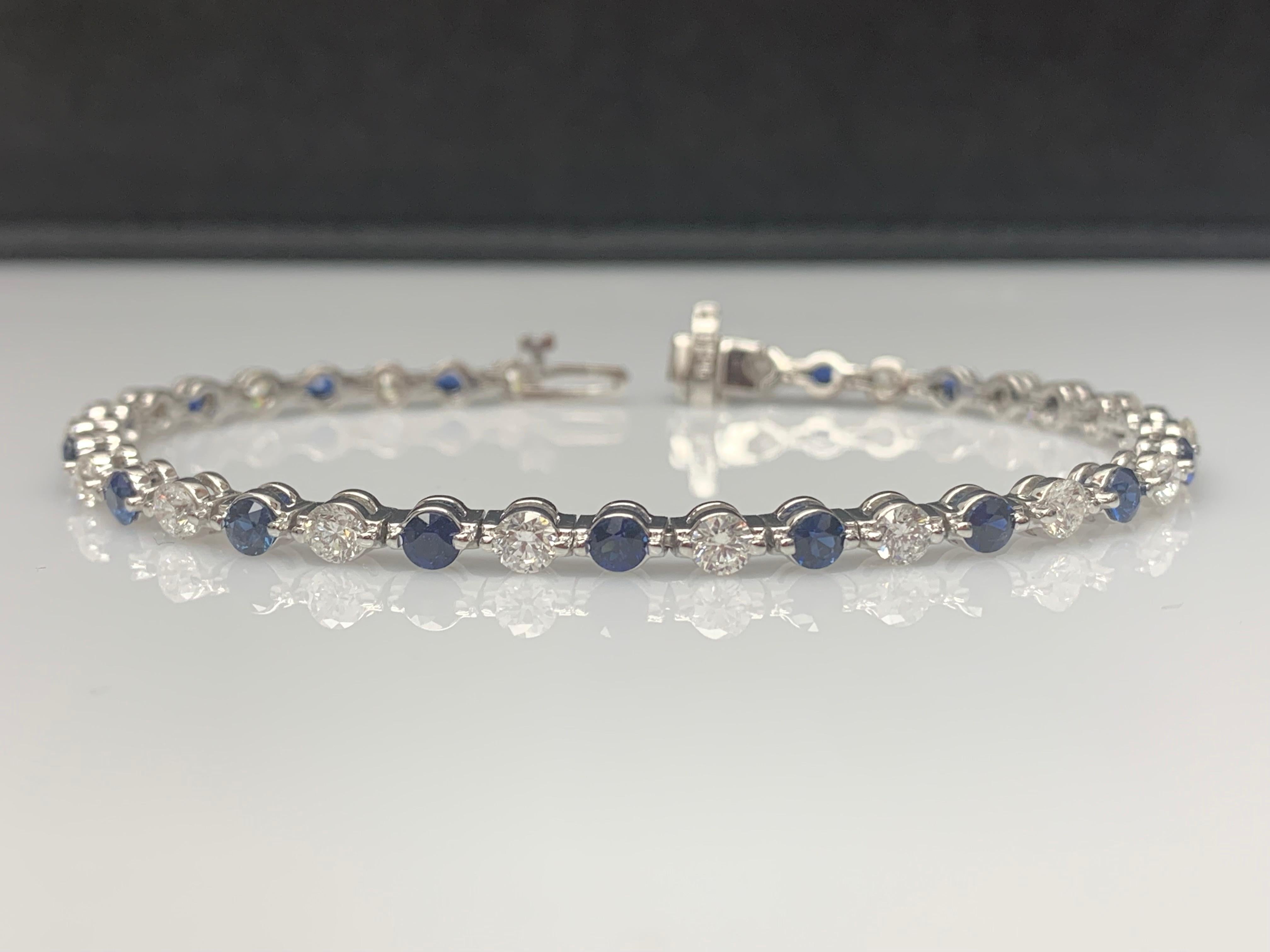 Round Cut 3.18 Carat Brilliant cut Blue Sapphire and Diamond Bracelet in 14k White Gold For Sale