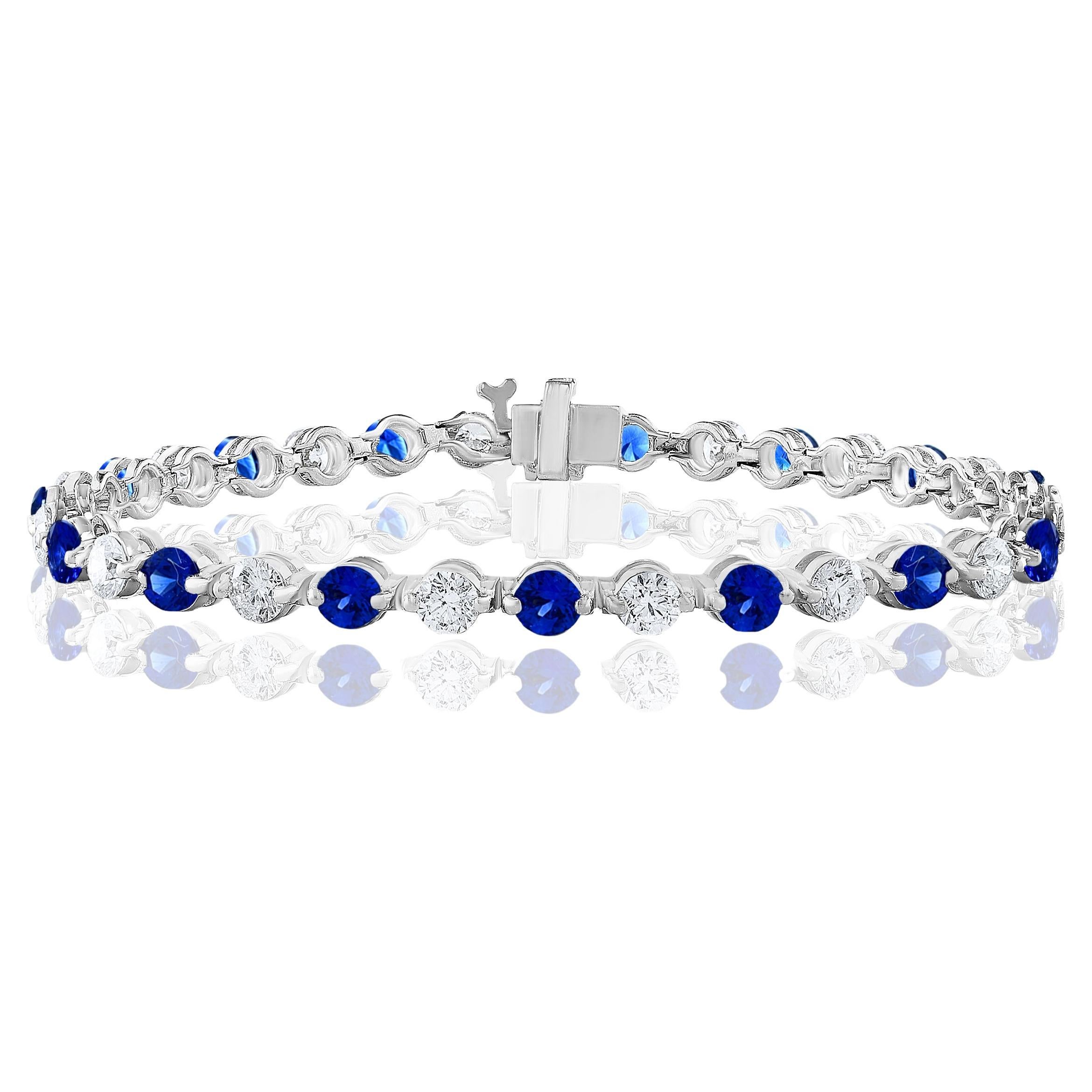 3.18 Carat Brilliant cut Blue Sapphire and Diamond Bracelet in 14k White Gold