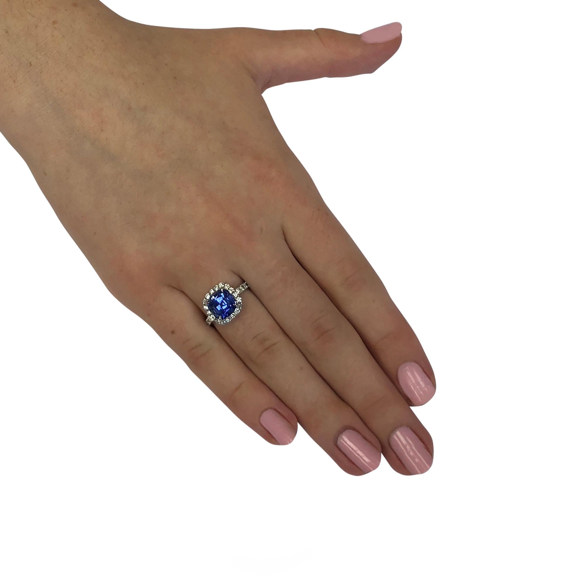 Cushion Cut Vivid Diamonds 3.18 Carat Ceylon Blue Sapphire and Diamond Ring