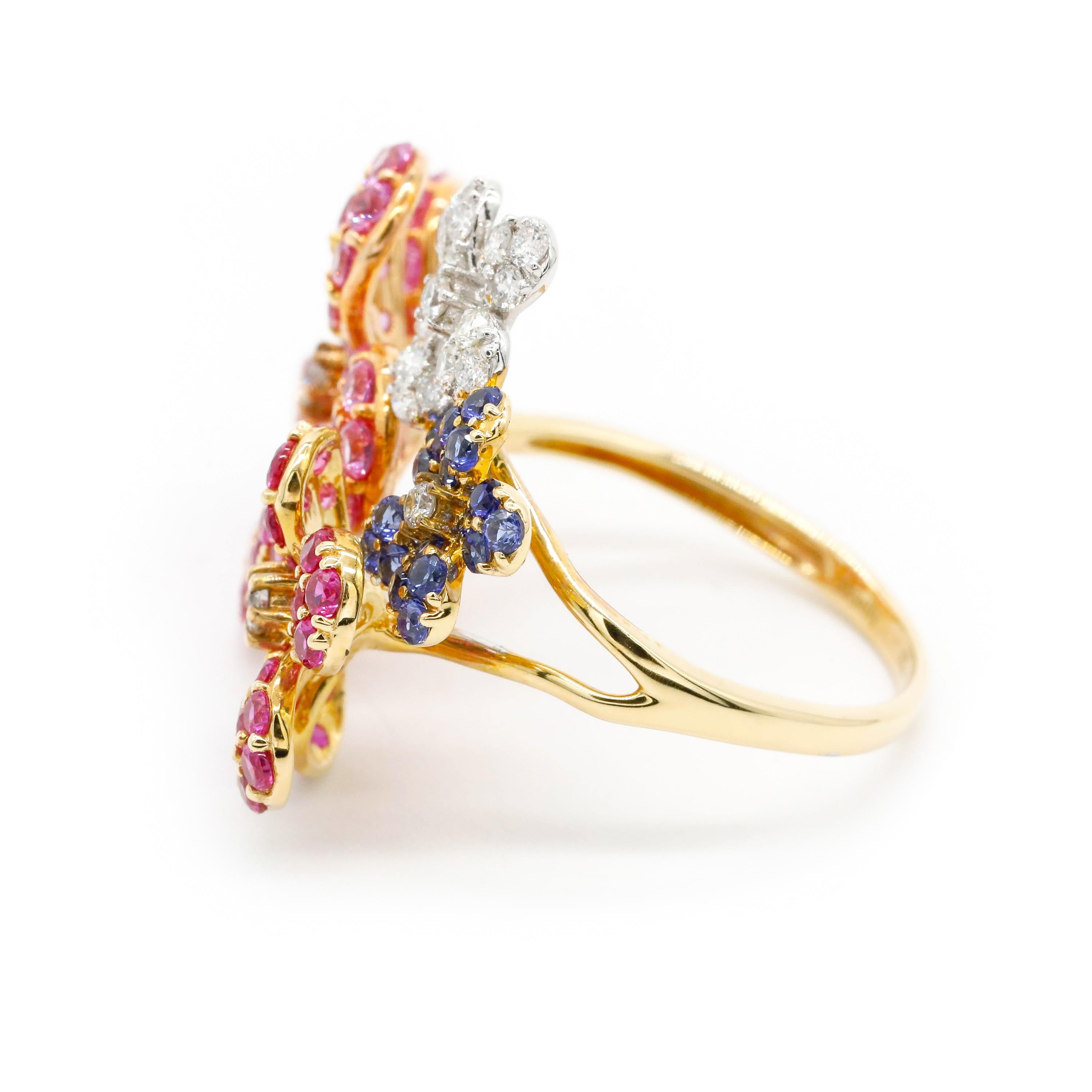 3.18 Carat Diamond Ruby Four Flower Blue Sapphire 14K Yellow Gold Floral Ring

This modern ring features a total of 0.37 carats of diamond round shape and 3.18 carats Blue Sapphire, Ruby and Pink Sapphire Gemstone Set in 14K Yellow Gold.

We