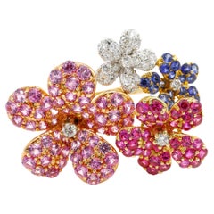 3,18 Karat Diamant Rubin Vier Blumenblauer Saphir 14K Gelbgold Floral Ring