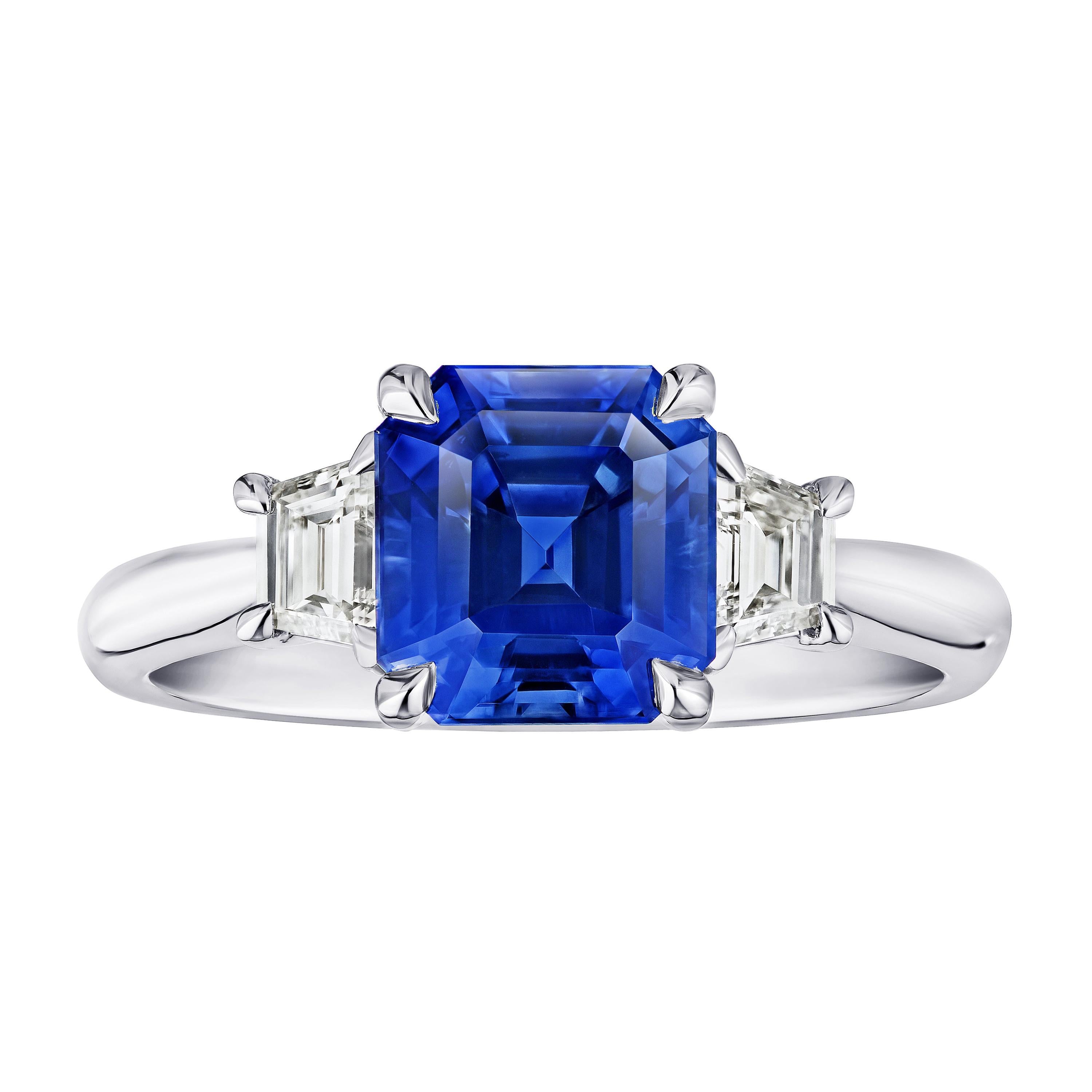 3.18 Carat Emerald Cut Blue Sapphire and Diamond Ring For Sale