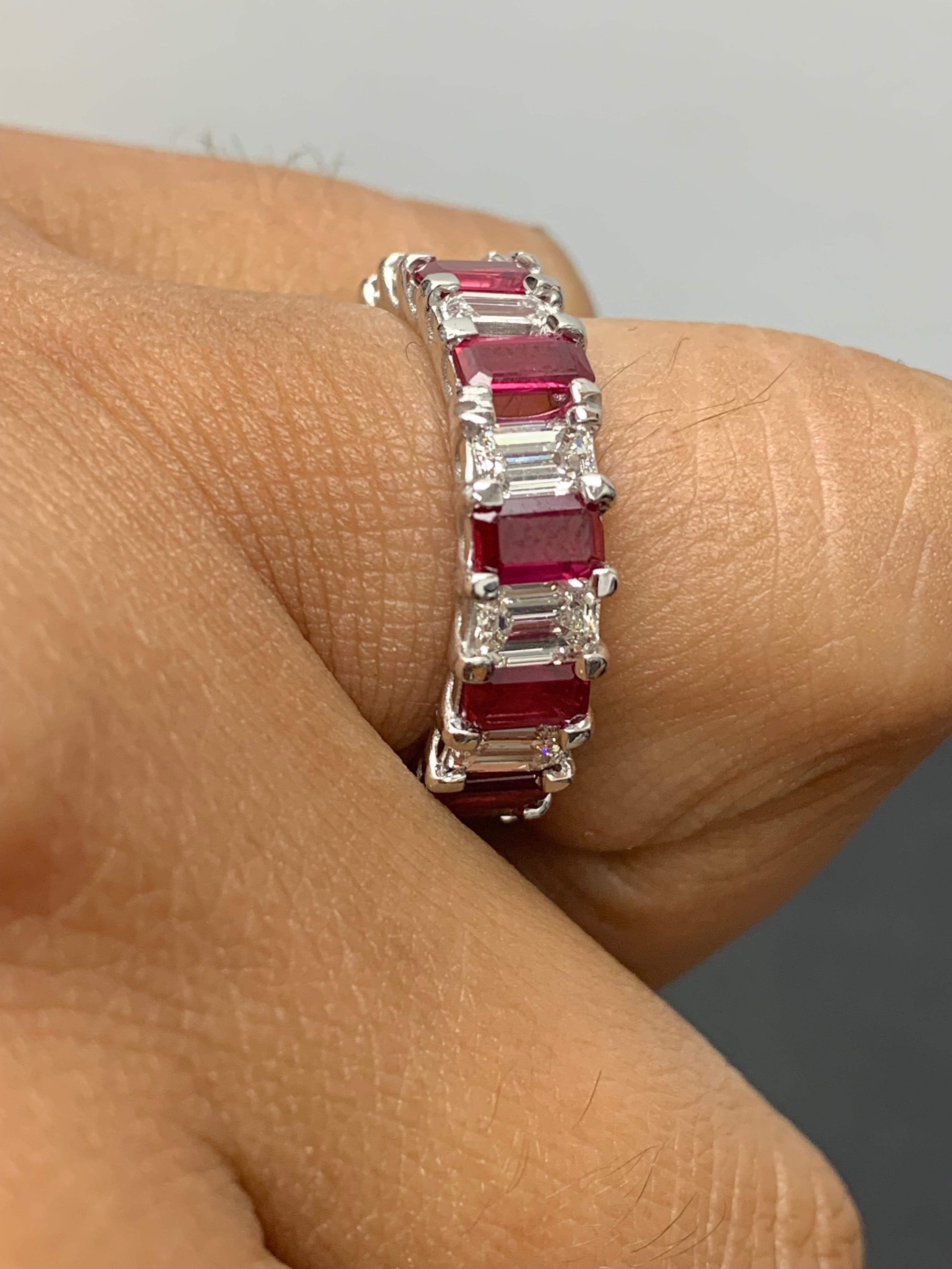 3.18 carat Emerald Cut Ruby Diamond Eternity Wedding Band in 14K White Gold In New Condition For Sale In NEW YORK, NY