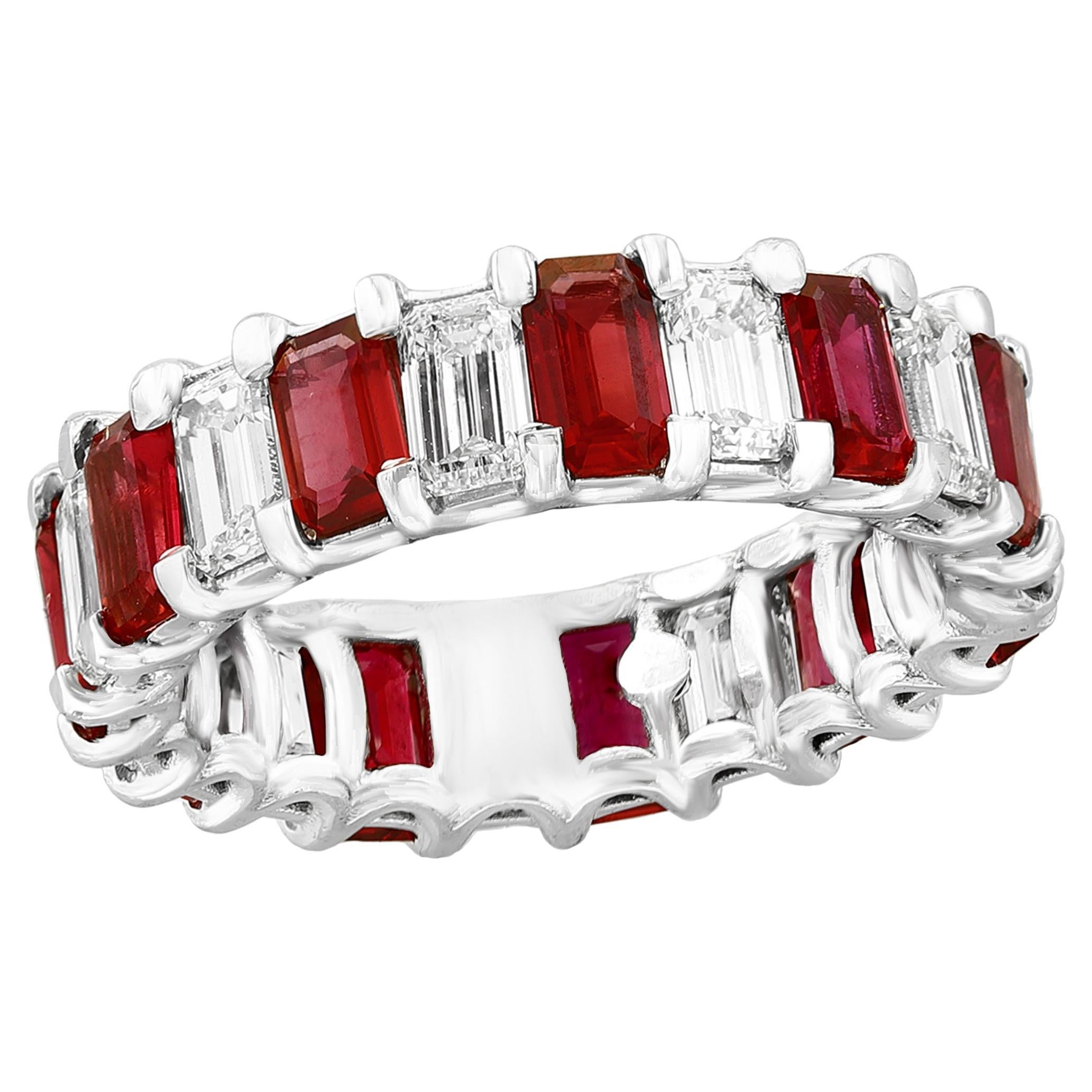 3.18 carat Emerald Cut Ruby Diamond Eternity Wedding Band in 14K White Gold