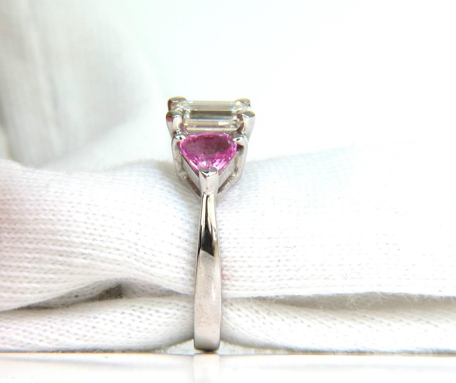 1.53ct. Emerald Cut diamond

Full Cut Brilliant

J-color Vs-1 Clarity

7.83 X 5.4mm



Side Trilliant Natural Pink Sapphires: 1.65ct. 

Vibrant Pink

Full cut and Full Faceted.

Gorgeous three stone ring

5.4 grams 

current ring size: 

6 

& 

We