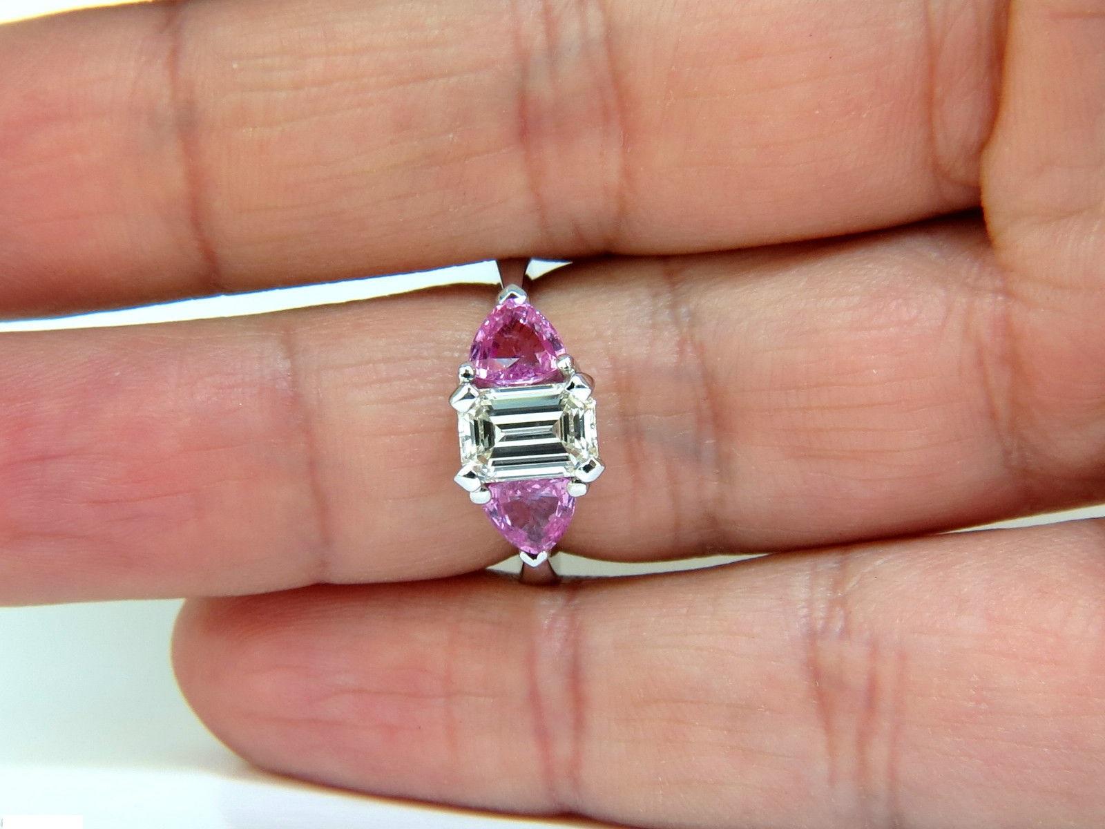 3.18 Carat Natural Emerald Cut Diamond Pink Sapphire Ring 14 Karat In New Condition In New York, NY