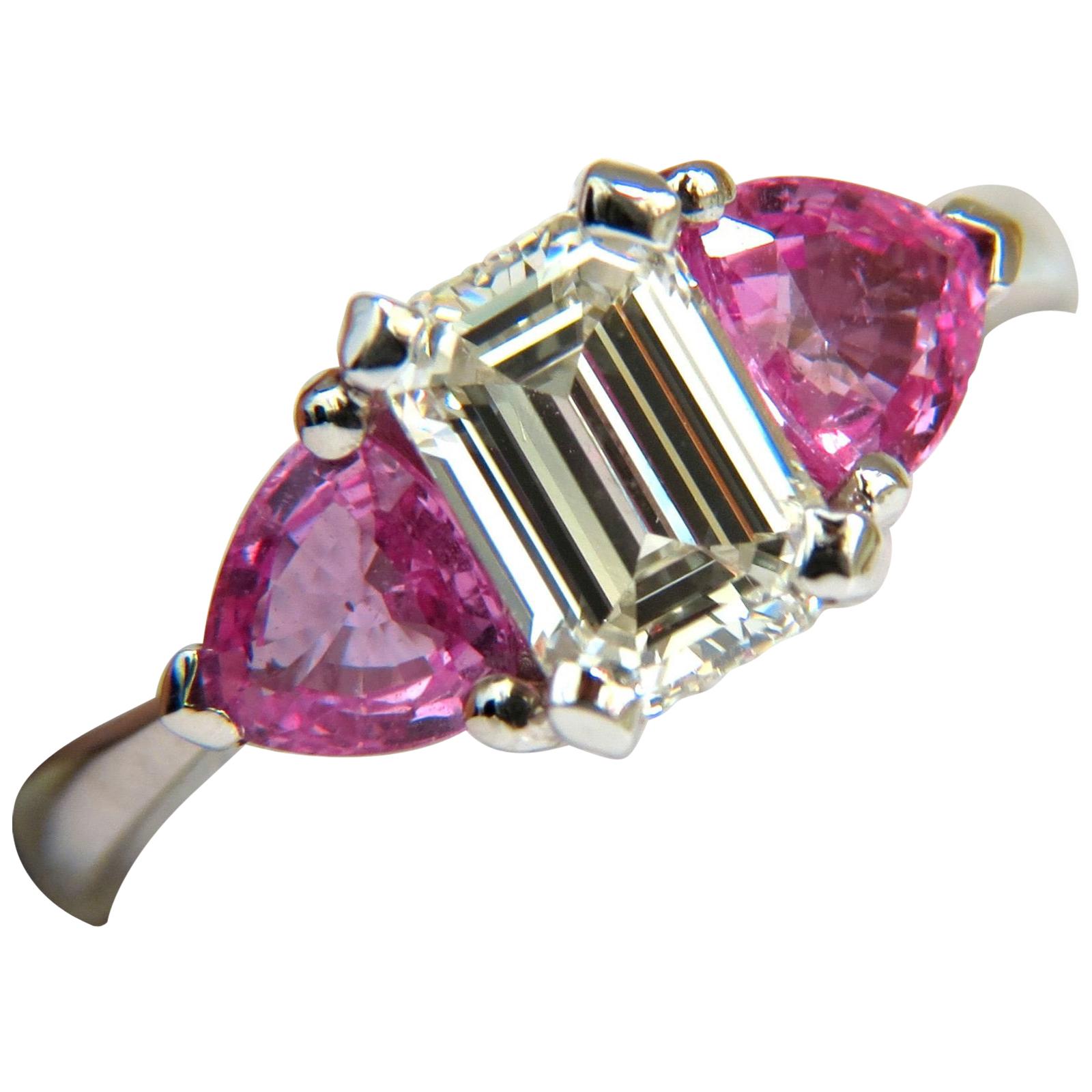 3.18 Carat Natural Emerald Cut Diamond Pink Sapphire Ring 14 Karat