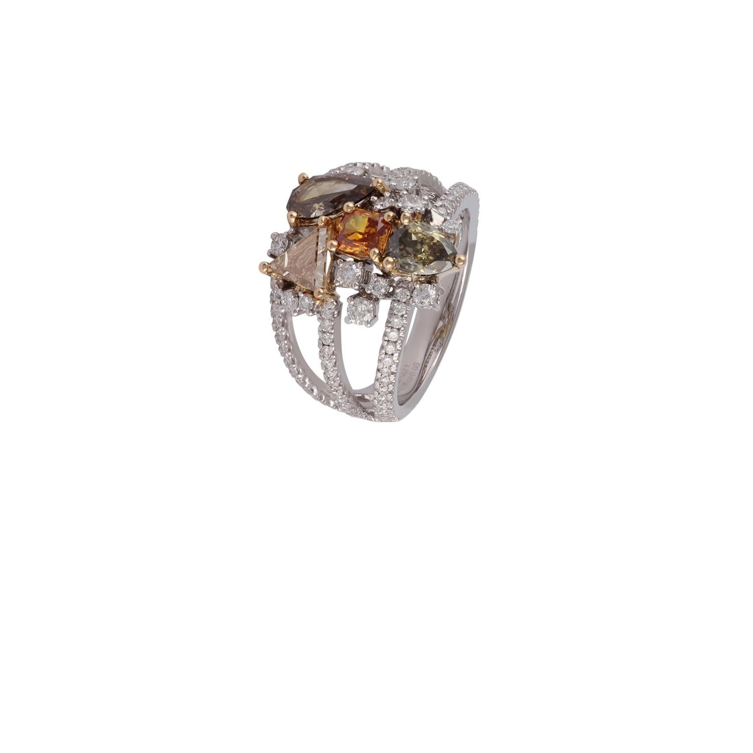 Mixed Cut 3.18 Carat Natural Fancy Diamond Ring Band in 18K White, Yellow & Rose Gold For Sale
