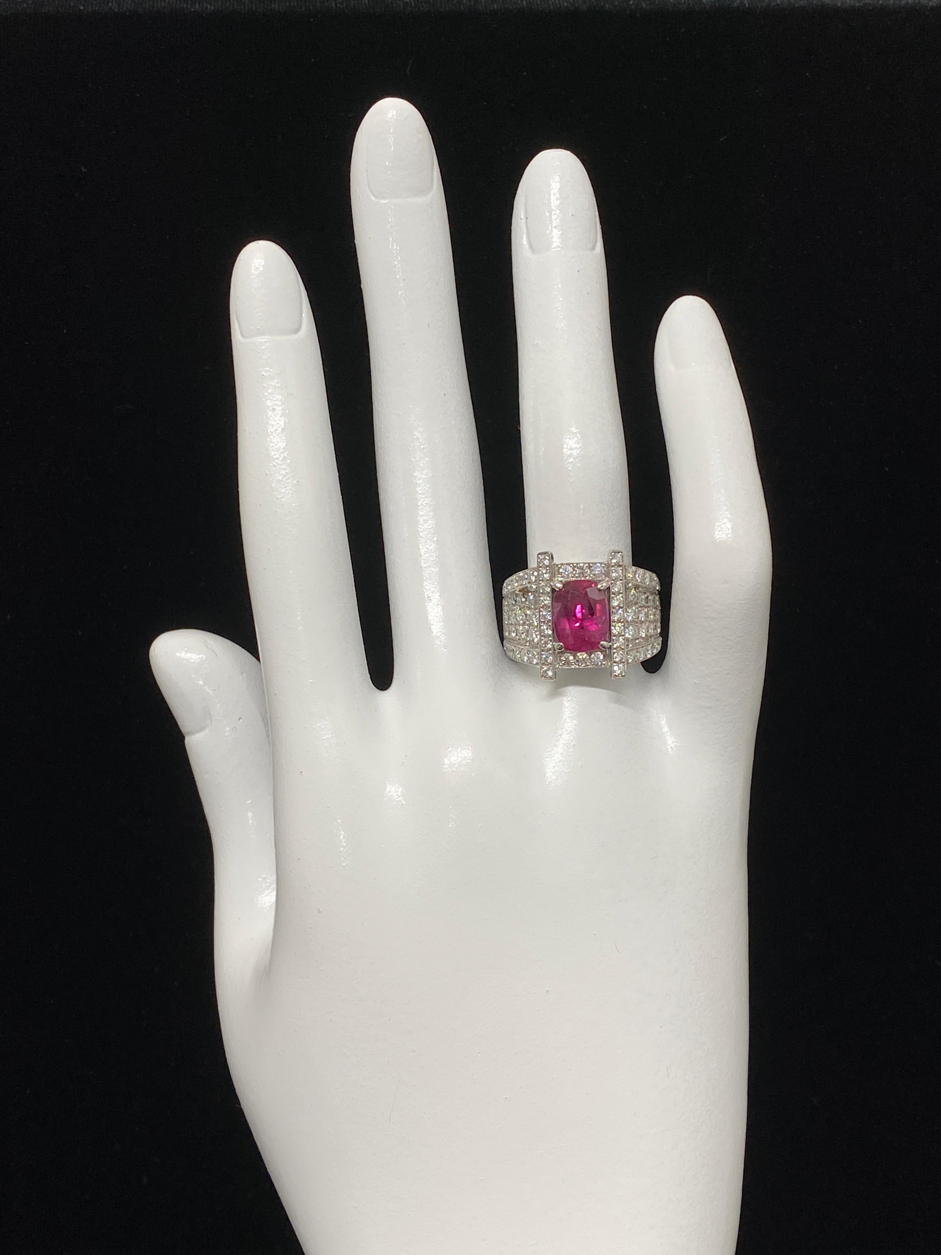 Modern GIA Certified 3.18 Carat Natural Thailand Ruby and Diamond Ring Set in Platinum For Sale