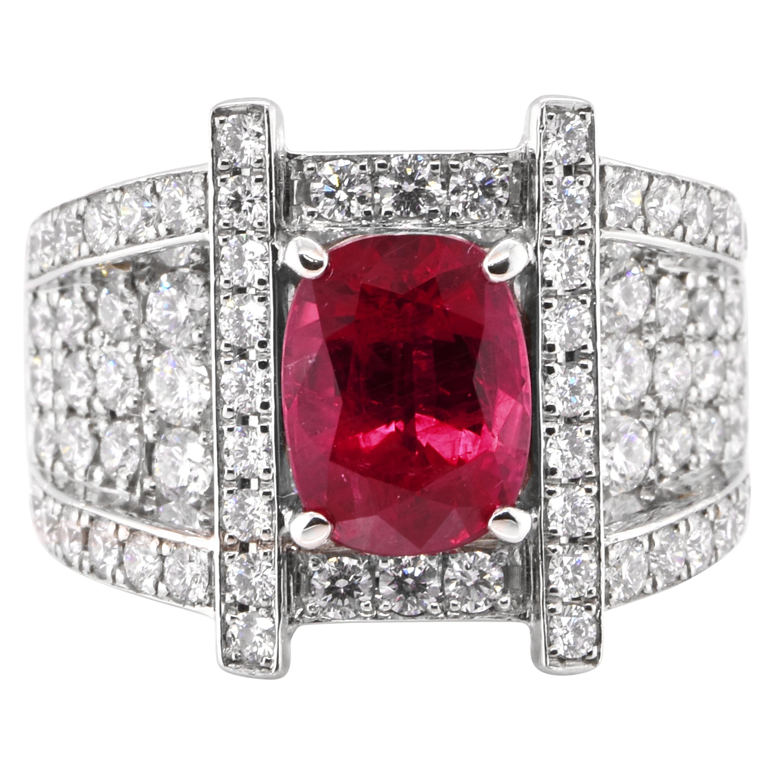 GIA Certified 3.18 Carat Natural Thailand Ruby and Diamond Ring Set in Platinum For Sale