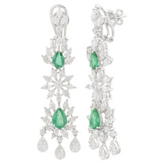 3.18 Carat Pear Emerald 5.85 Carat Diamond Dangle Ears 14 Karat White Gold