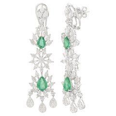 3.18 Carat Pear Emerald 5.85 Carat Diamond Dangle Earrings 18 Karat White Gold