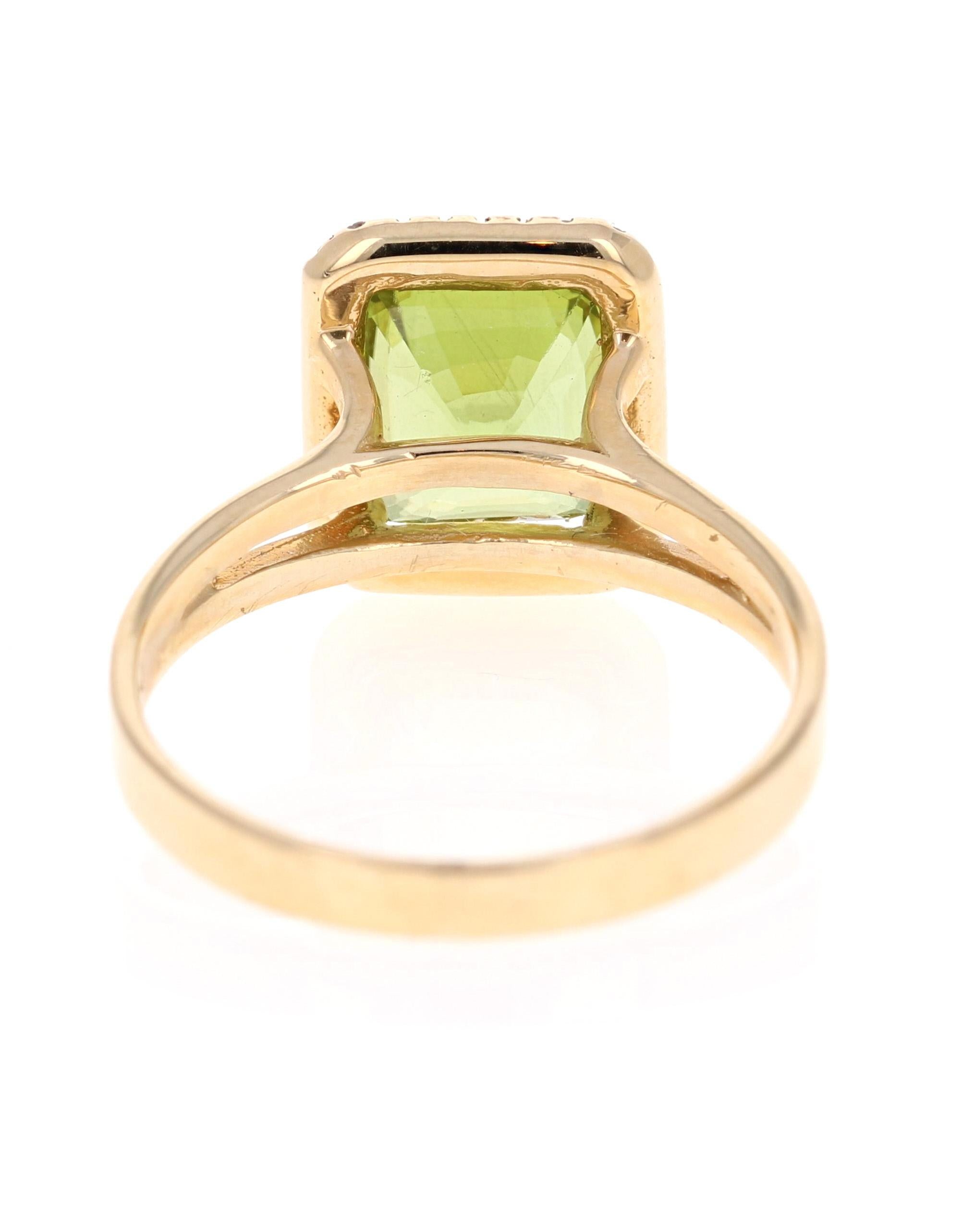 Emerald Cut 3.18 Carat Peridot Diamond 14 Karat Yellow Gold Ring
