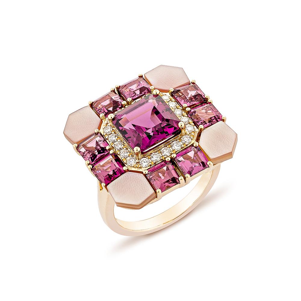 Contemporary 3.18 Carat Rhodolite Fancy Ring in 18KRG with Multi Gemstone & Diamond.   For Sale