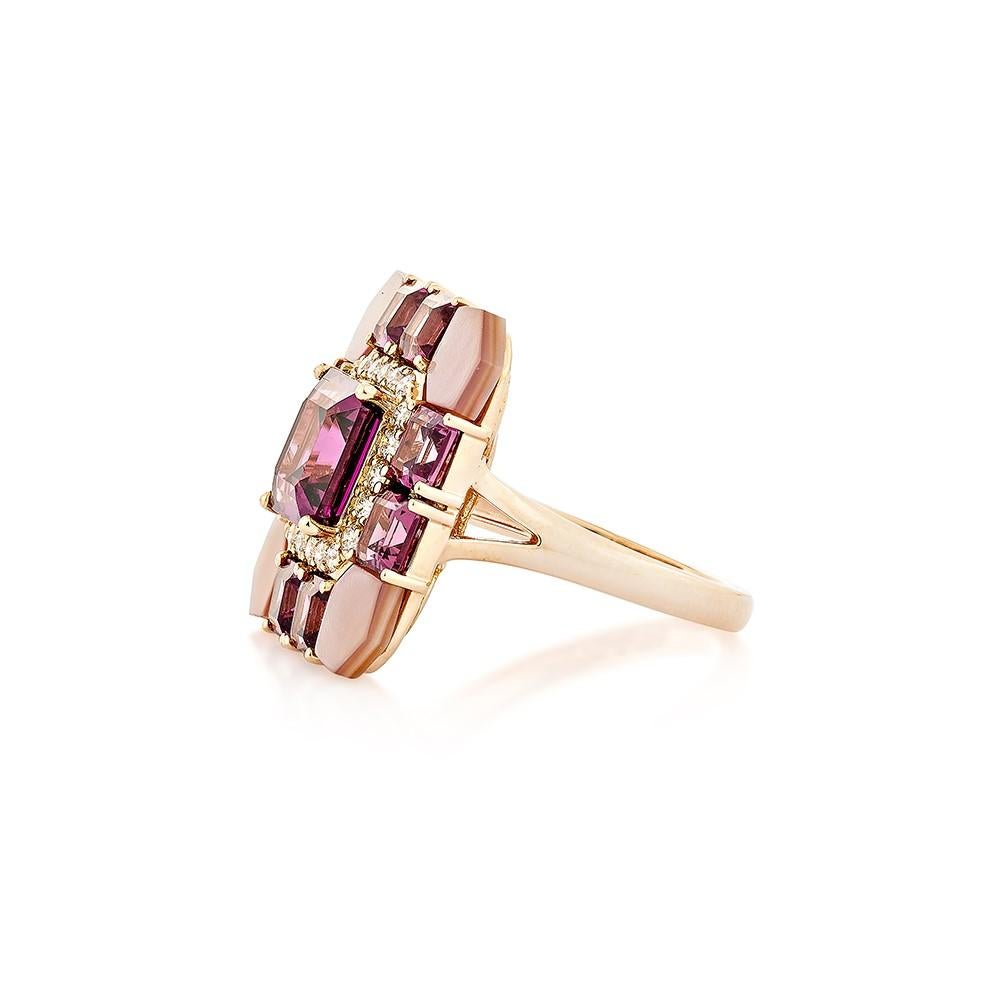 Octagon Cut 3.18 Carat Rhodolite Fancy Ring in 18KRG with Multi Gemstone & Diamond.   For Sale