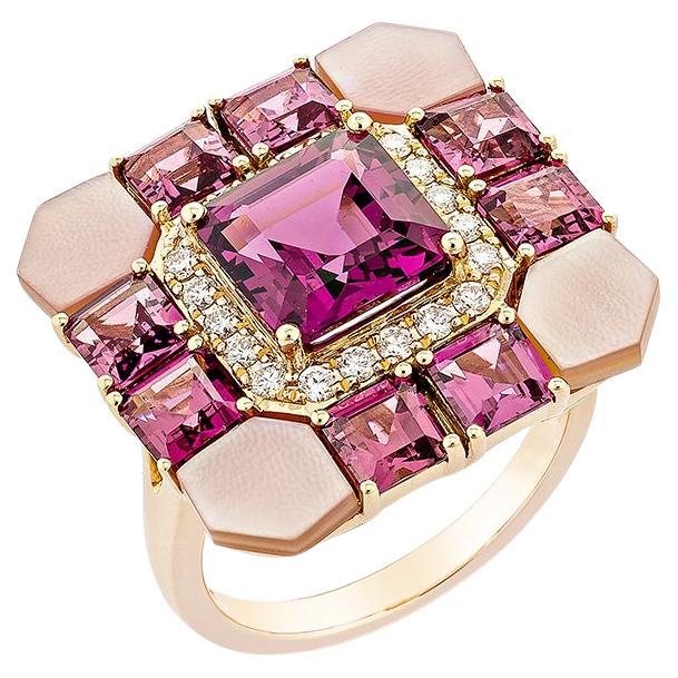 3.18 Carat Rhodolite Fancy Ring in 18KRG with Multi Gemstone & Diamond.   For Sale