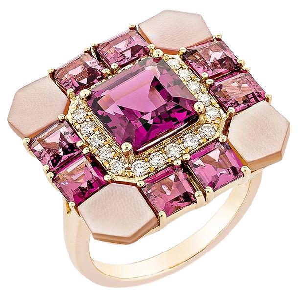 3.18 Carat Rhodolite Fancy Ring in 18KRG with Multi Gemstone & Diamond.  