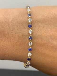 3.18 Carat Round Blue Sapphire and Diamond Bracelet in 14K Yellow Gold