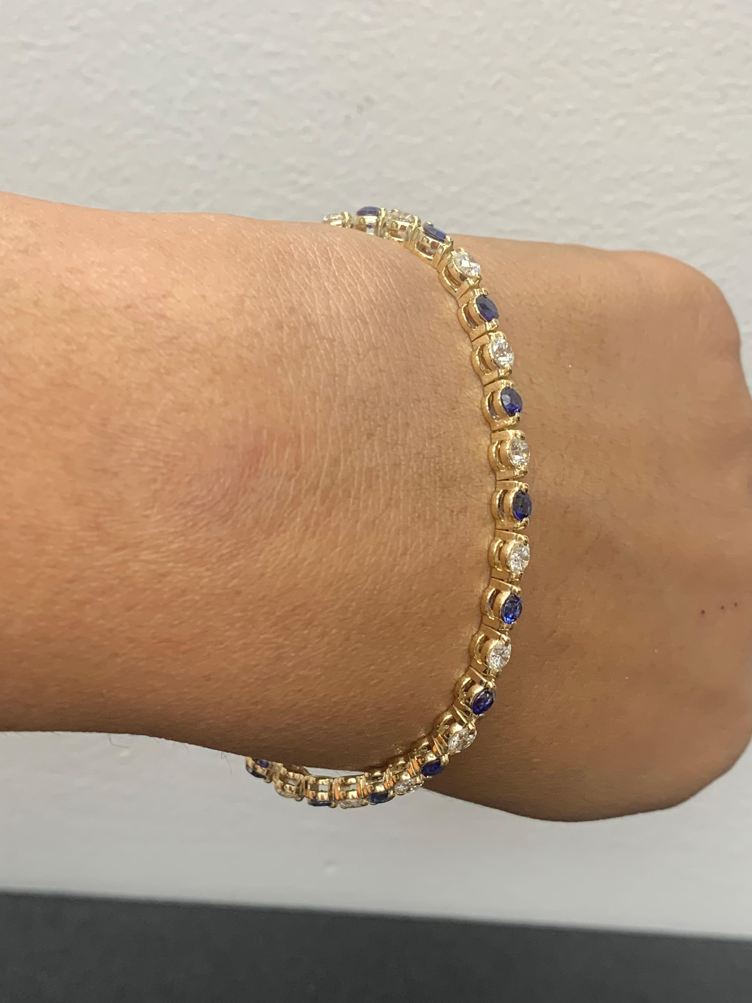 Round Cut 3.18 Carat Round Blue Sapphire and Diamond Bracelet in 14K Yellow Gold For Sale