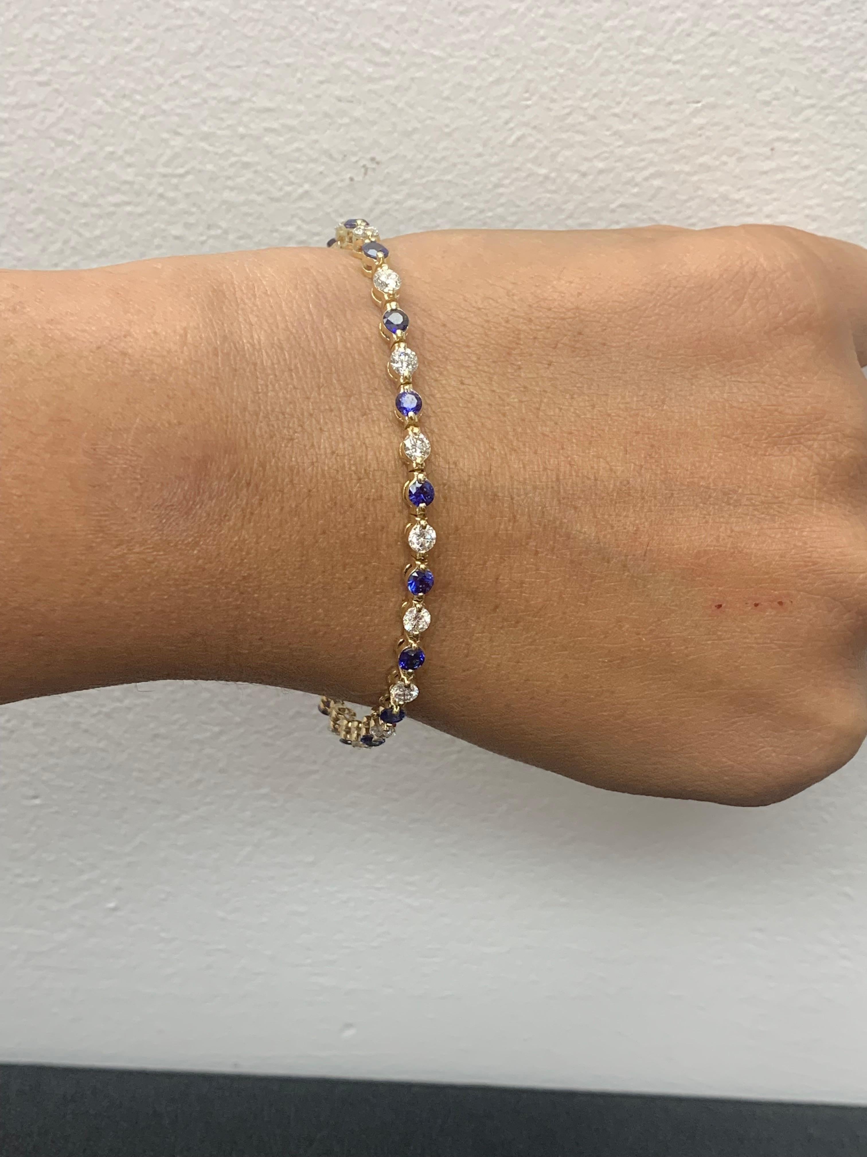 3.18 Carat Round Blue Sapphire and Diamond Bracelet in 14K Yellow Gold In New Condition For Sale In NEW YORK, NY