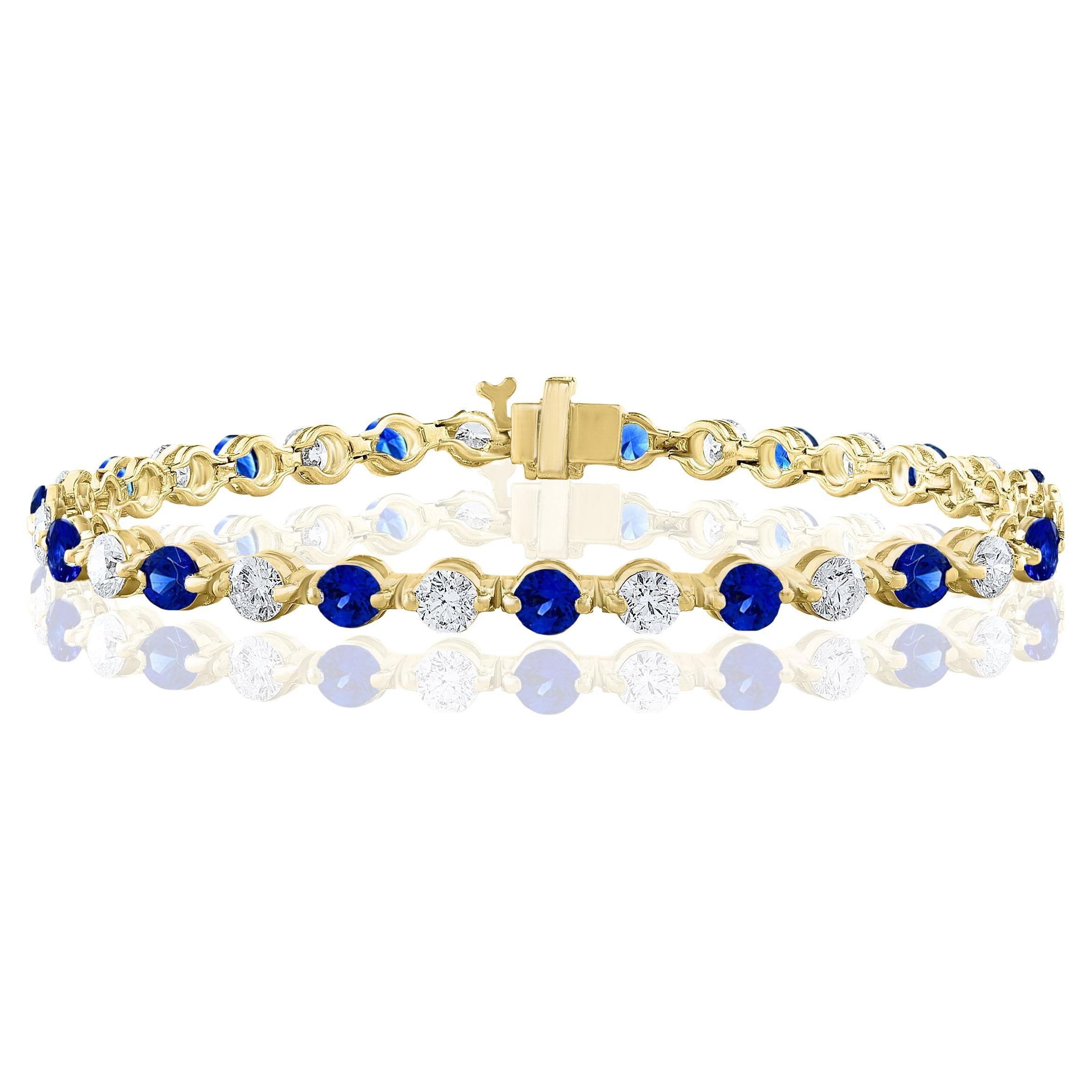 3.18 Carat Round Blue Sapphire and Diamond Bracelet in 14K Yellow Gold For Sale