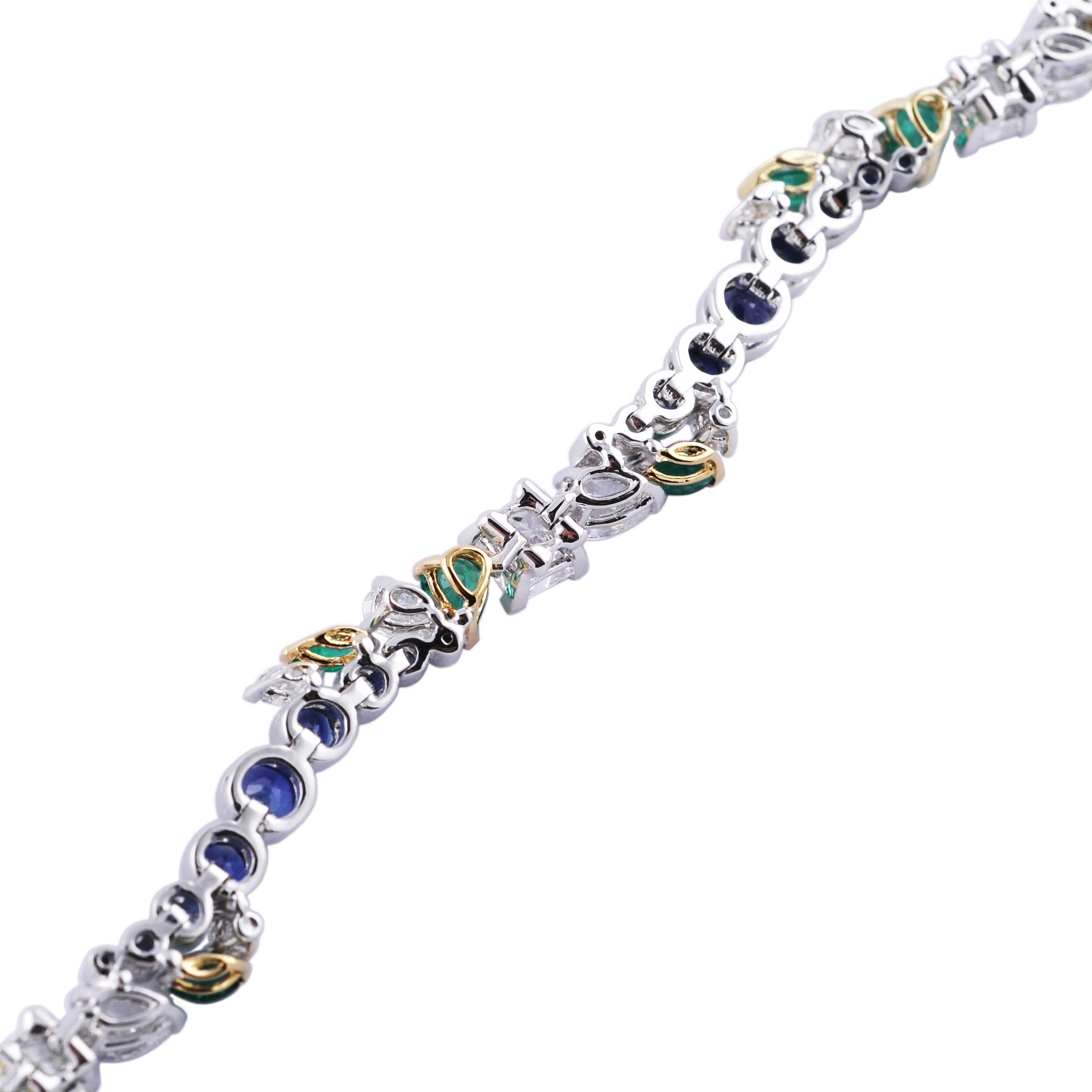 Modern 3.18 Carat Sapphire 1.24 Emerald 3.06 White Diamond 18 Karat White Gold Bracelet