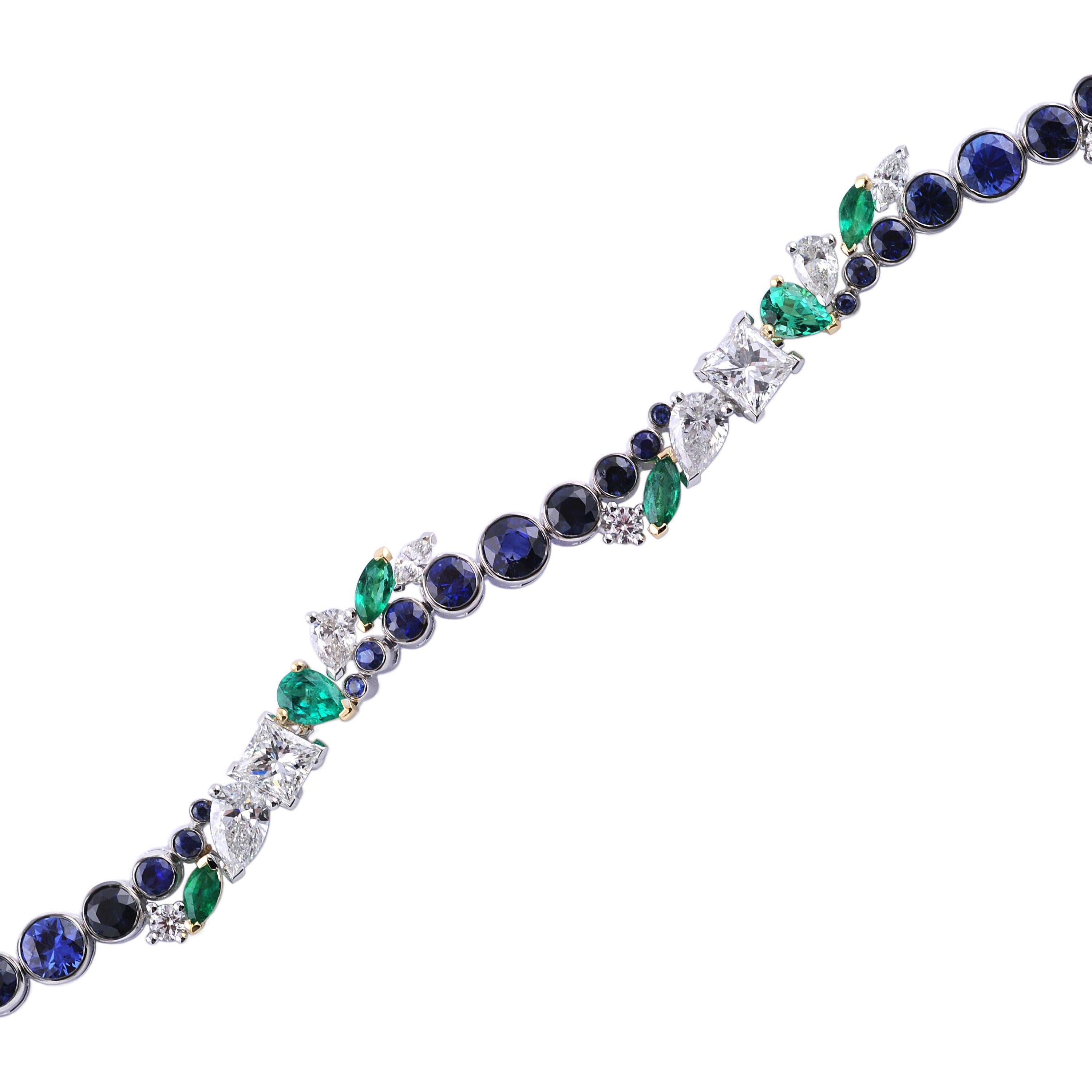 Pear Cut 3.18 Carat Sapphire 1.24 Emerald 3.06 White Diamond 18 Karat White Gold Bracelet