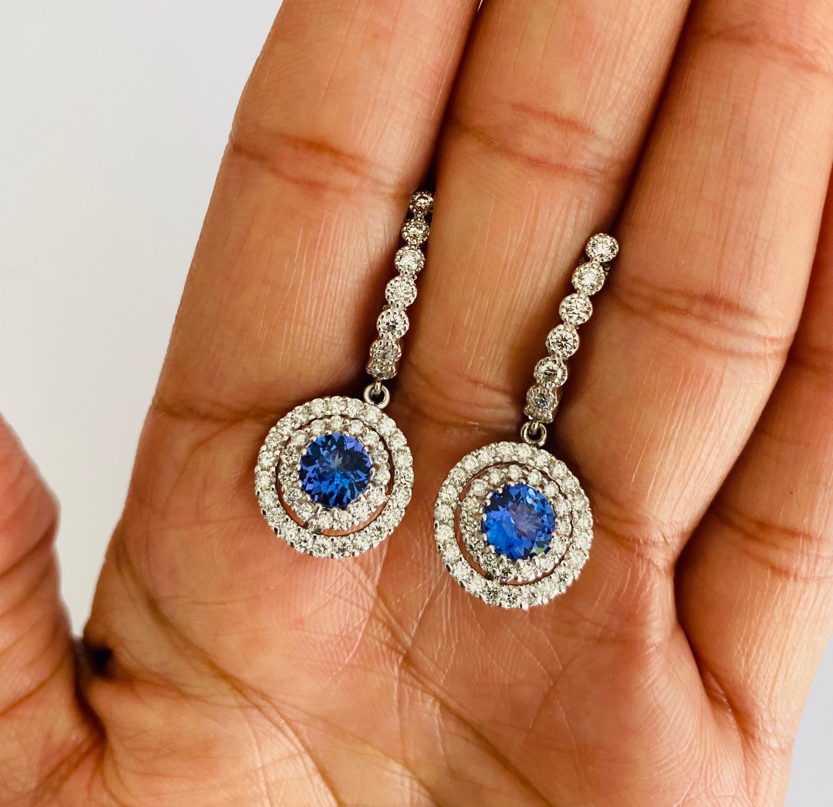 Round Cut 3.18 Carat Tanzanite Diamond White Gold Earrings For Sale