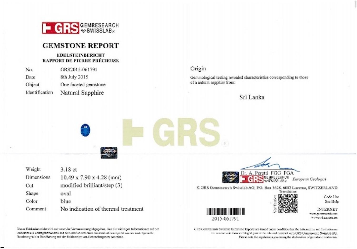 3.18 Carat Unheated Oval Blue Sapphire 'Ceylon' Engagement Ring, GRS Certified (Ovalschliff) im Angebot