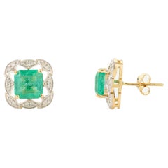 3.18 Carats Cushion Emerald Diamond Statement Stud Earrings in 18k Yellow Gold